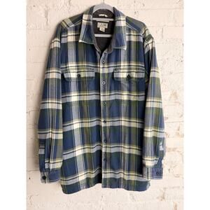 LL Bean Plaid Flannel Shirt Jacket XXL Lined Cotton Blue Green Shacket